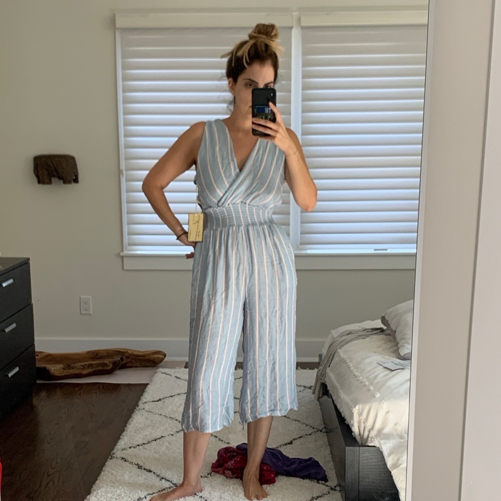 Vintage Havana Light Blue and White Striped Sleeveless Jumpsuit